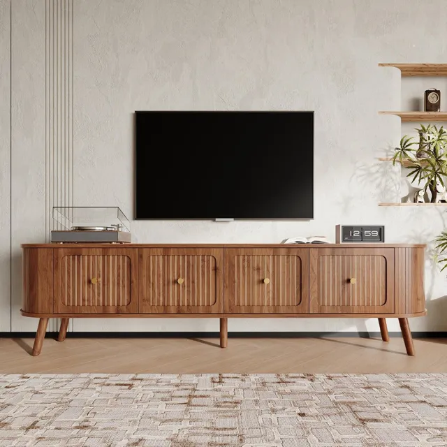 KOMHTOM BLACKCOLORS Moderne tv-kast, tv-standaard, tv-paneel, lage tv-standaard. Vier deuren, gouden handgrepen, houten poten, uniek ontwerp. 180 x 38 x 47 cm (L x B x H) Notenhout