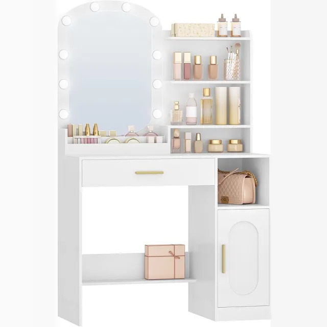 HILINSIE Kaptafel - Make Up Tafel - Kaptafel met Spiegel en Verlichting - Ovale Spiegel - Instelbare Helderheid - Kaptafels met Lade - Kast en Open Vakken - Wit - 40 × 90 × 147,7 cm - Moderne Slaapkamerkast
