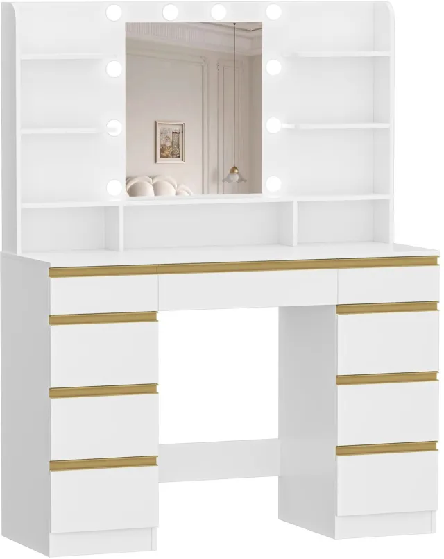 Atlasyx tafel - Make up - Kaptafel - Met spiegel en verlichting - Makeuptafel - Bureau - 9 Laden - 108 x 40 x 140 cm - Wit-Goud