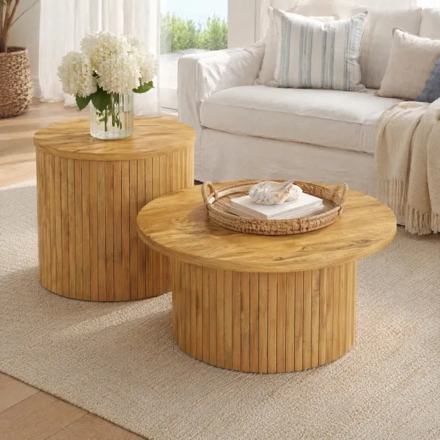 COVREO Salontafel set van 2 rond 75 x 75 x 50,5 cm - naturel, MDF