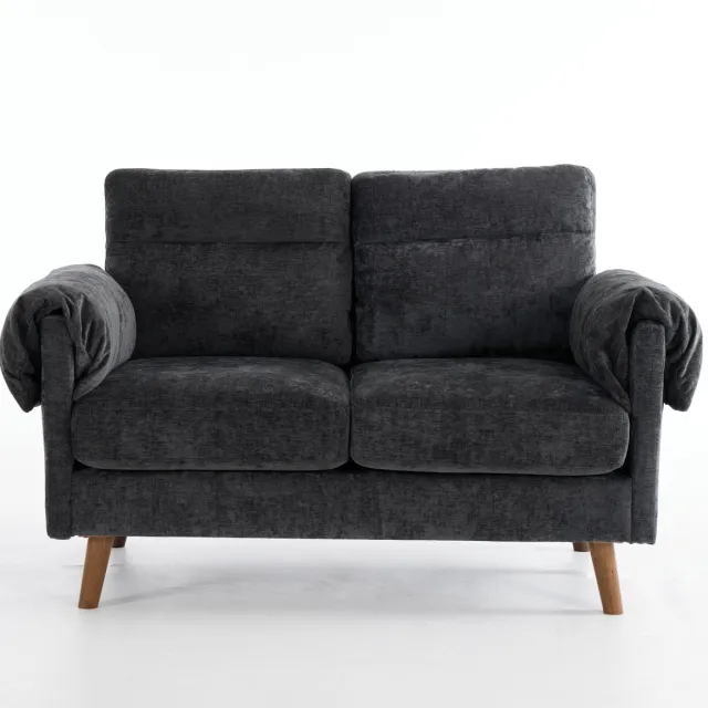 MUVANO Zwarte Chenille Tweezitsbank - Mid-Century Kleine Bank - Comfortabele Loveseat - 124x70x85 cm - Zitmeubel - Voor Woonkamer Zwart