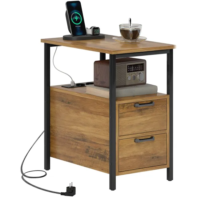 Lunpog Bijzettafel, nachtkastje, met 2 stopcontacten, USB-poort, type C, 2 laden en plank, 143 cm kabel, metalen frame, natuurlijk hout Bruin