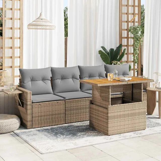 vidaXL 5-delige Loungeset met kussens poly rattan beige, foto 2