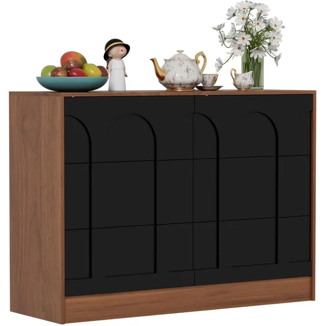 UEV Commode met 6 lades, modern design met gebogen patroon, opbergkast, dressoir, buffetkast, archiefkast, kledingkast voor woonkamer, slaapkamer, hal, 100x34x72cm, zwart