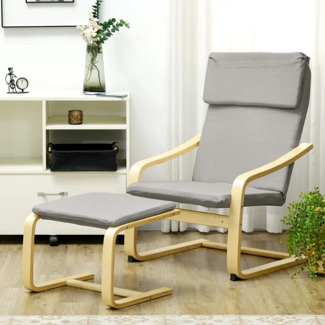 STILVORA Fauteuil met Hocker 66,5 x 80 x 99 cm - Armleuningen en Hoofdsteun - Woonkamer en Slaapkamer - Linnenlook en Hout - Lichtgrijs