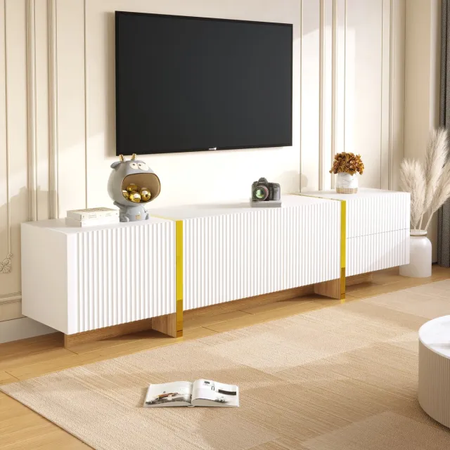 STILVORA Televisiekast - Ruime Opbergruimte Met 3 Deuren En 2 Lades - Stijlvol Voor Woonkamer - MDF En Spaanplaat - Wit Goud - 190x35x45 Cm