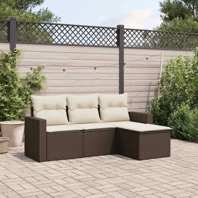 vidaXL 4-delige Loungeset met kussens poly rattan bruin, foto 2