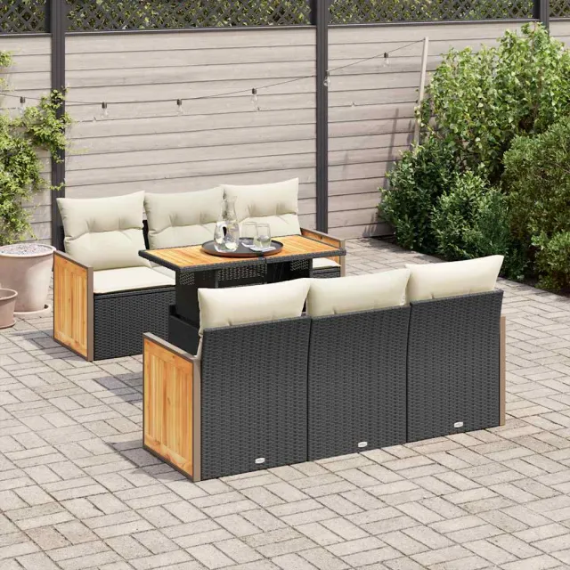 vidaXL 7-delige Loungeset met kussens poly rattan acacia zwart, foto 2
