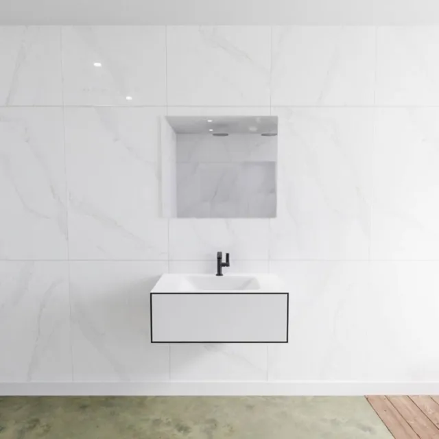 Mondiaz Badkamermeubelset Mondiaz LAGOM 80 cm met Gecentreerde Wastafel Solid Surface Met 1 Kraangat Mat Wit (1 lade)