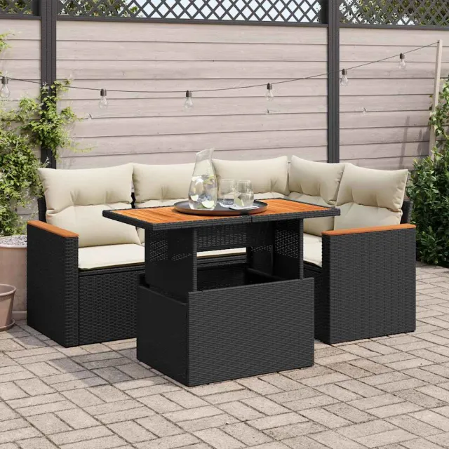 vidaXL 5-delige Loungeset met kussens poly rattan acacia zwart, foto 2