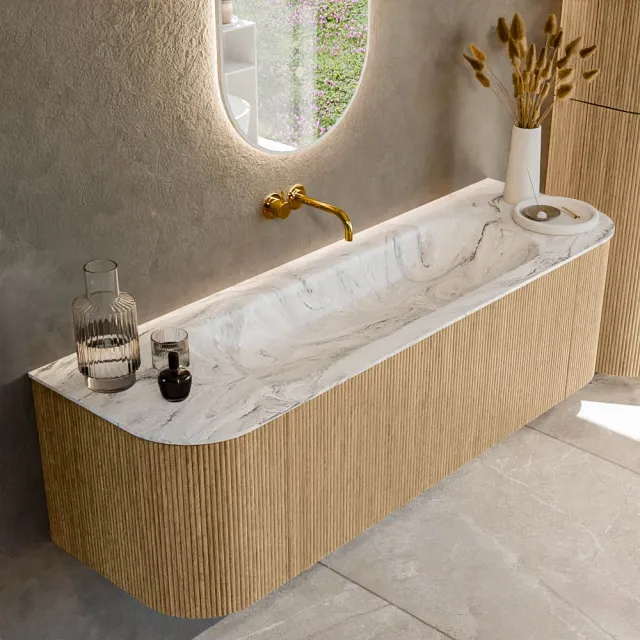 Mondiaz KURVE-DLUX 150 cm Onderkast Greeploos 1 Lade Met Deuren Oak, Wastafel Solid Surface Midden Glace 0 Kraangaten Zonder Spiegel (KRVBGM150L+R1L2D0KM-Oak/Gla)