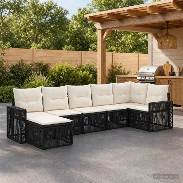 vidaXL Tuinbankenset 7 st 7-zits Zwart en Cream Wit poly rattan, foto 2