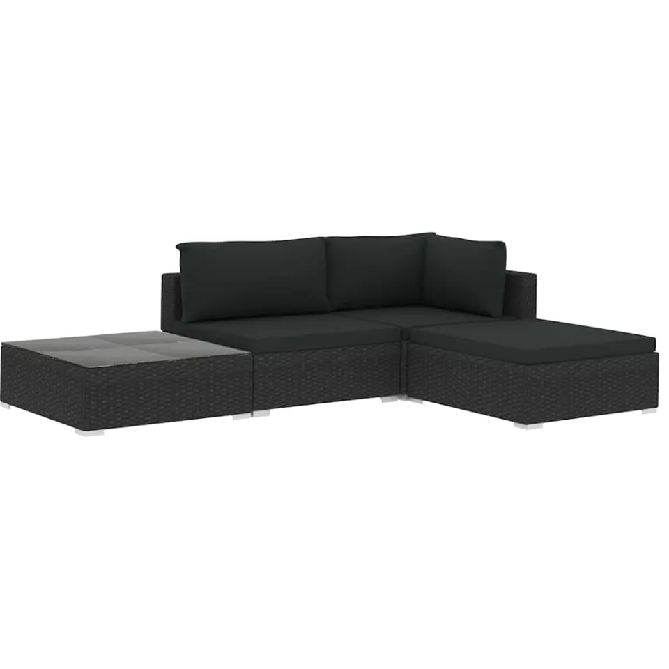 vidaXL 4-delige Loungeset met kussens poly rattan zwart, foto 4