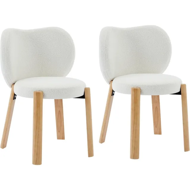 HOERFURIY Luxe Bouclé Eetkamerstoelen Set van 2 - Witte Teddy Stoelen met Houten Poten - Zonder Armleuning - Eetkamer, Slaapkamer & Kaptafel