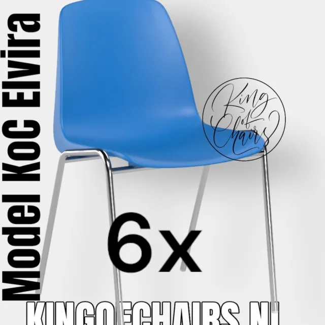 King of Chairs set van 6- model KoC Elvira azuurblauw met verchroomd onderstel. Kantinestoel stapelstoel kuipstoel vergaderstoel tuinstoel kantine stapel stoel kantinestoelen stapelstoelen kuipstoelen arenastoel kerkstoel schoolstoel bezoekersstoel