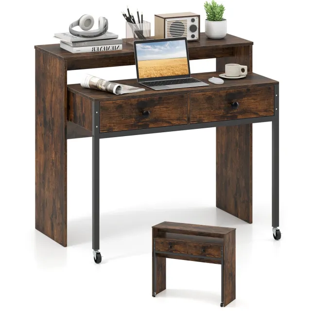 Costway Bureau uittrekbaar, kleine computertafel met 2 laden en wieltjes, bureautafel met metalen frame, werktafel, pc-tafel voor thuis, kantoor, 100 x 63 x 88 cm (bruin)