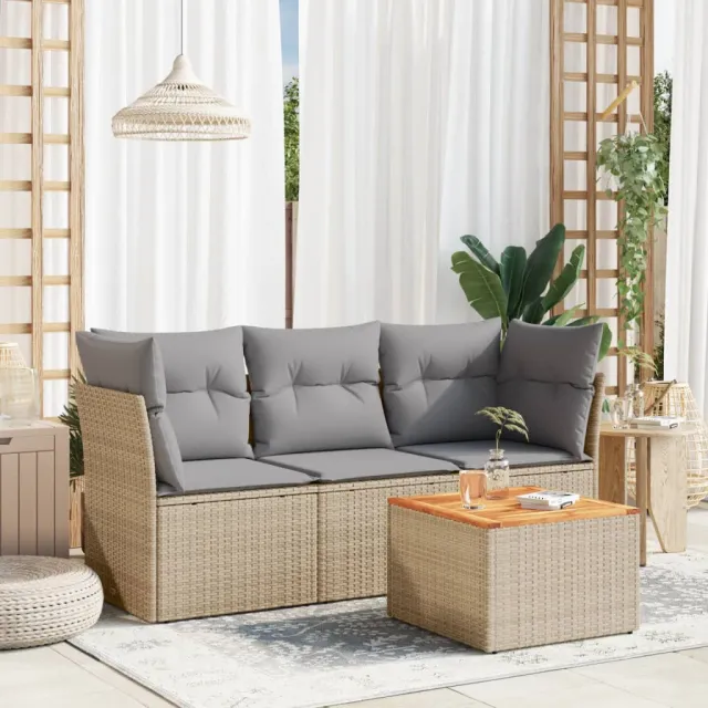 vidaXL 4-delige Loungeset met kussens poly rattan gemengd beige, foto 2
