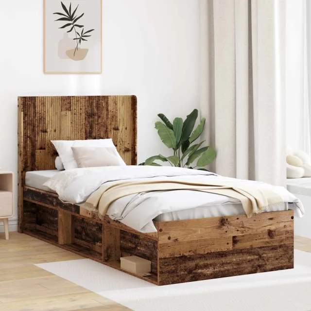 vidaXL Bedframe met opbergruimte en hoofdbord Oud hout 100 x 200 cm Bruin