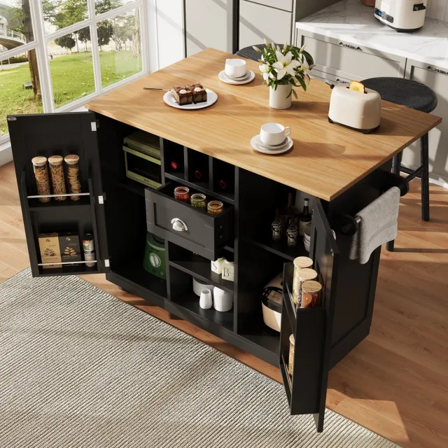MIVRAY Keukeneiland - Verrijdbare Opbergkast Met Uitklapbaar Blad En Wijnrek - Voor Keuken En Eethoek - MDF - Zwart