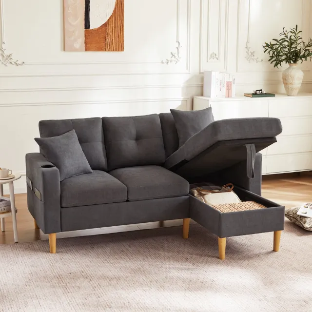 Welltin Hoekbank - sofo - Hoekbanken - L-vormige bank - 3-zitsbank - chaise longue - opbergruimte - geïntegreerde bekerhouder - inclusief 2 kussens - geschikt voor woonkamer, kantoor, appartement - Zwart