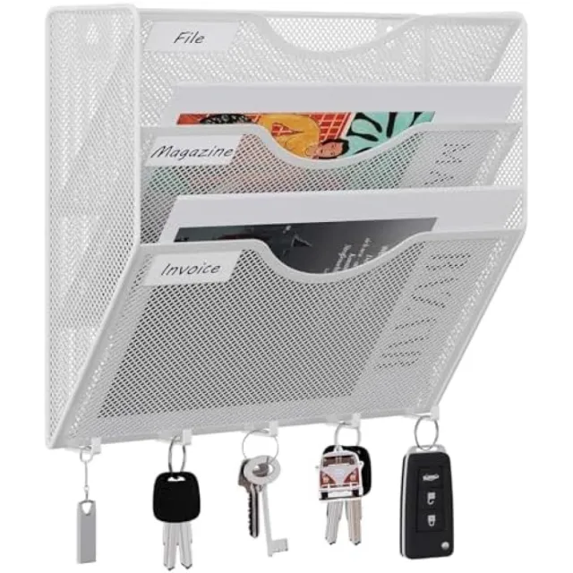 PromoHome Wandmontage Documentenorganizer - 3-lags A4 Opbergsysteem met Haken Wit