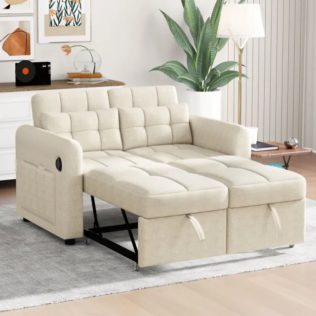 Zubaliya 3-in-1 uitschuifbare slaapsofa met USB-poort - modern design voor woonkamer, slaapkamer, appartement - 2 personen - grijs - verstelbare rugleuning (120°-180°) - opbergvakken in armleuningen - incl. 2 kussens Beige