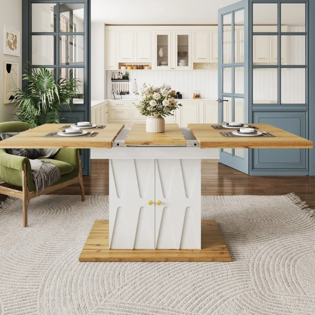 MODFU Uitschuifbare Eettafel - Opbergruimte - Reliëfdecor - Wit - 110-140 X 70 X 76,5 Cm