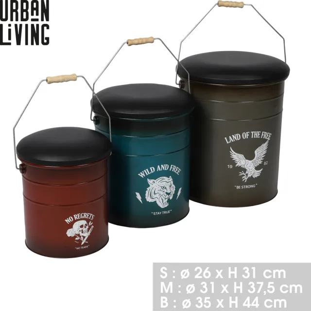 Urban Living "LOFT & METAL" 3-DELIGE METALEN OPBERGPOEFSET MET PU-ZITTING Ø35 x H44 CM / Ø31 x H37,5 CM / Ø26 x H31 CM Meerkleurig met zwarte zitting