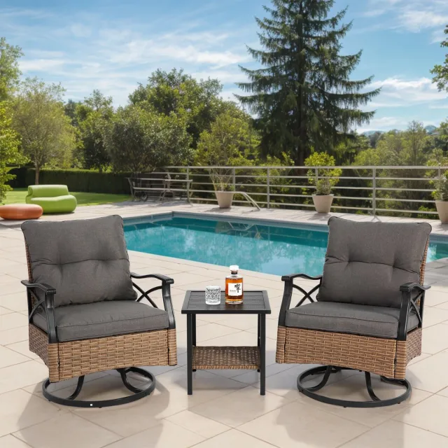 MIVRAY Tuinstoelenset 64 x 58 x 82 cm - 360 Graden Draaibaar en Schommelend - Voor Terras en Veranda - Staal en Rotan - Bruingrijs Bruingrijs + Grijs