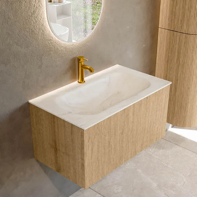 Mondiaz KURVE-DLUX 80 cm Onderkast Greeploos 1 Lade Zonder Deuren Oak, Wastafel Solid Surface Volledig Ostra 1 Kraangat Zonder Spiegel (KRVBGS801L0D1KM-Oak/Ost)