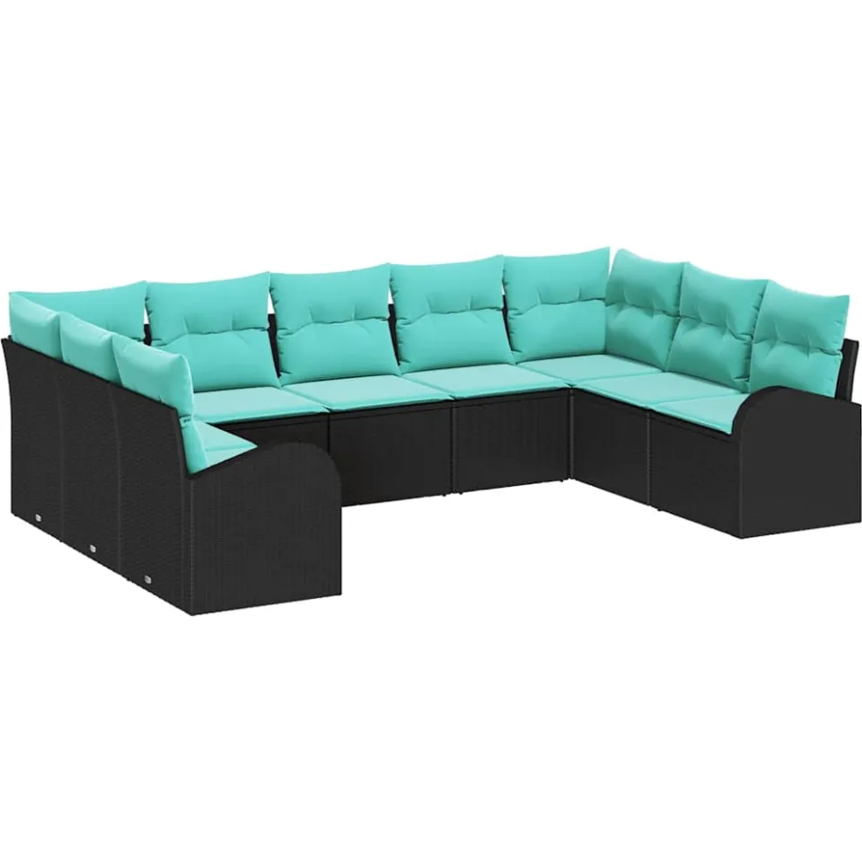 vidaXL Tuinbankenset 9 st Zwart en Turquoise poly rattan
