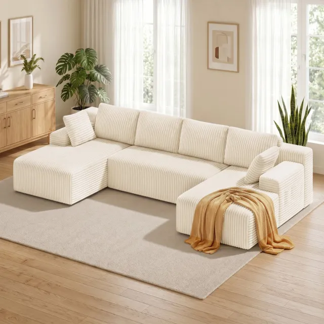 Xbro Hoekbank in U-vorm met Slaapfunctie,Modulaire Hoekbank Vrij te Combineren, Luxe Fluwelen Bank,6-Zits,Beige