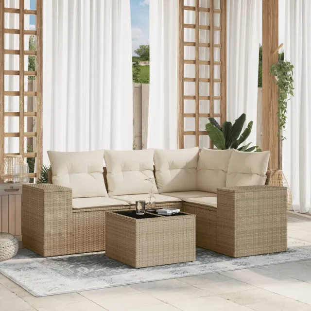 vidaXL 5-delige Loungeset met kussens poly rattan beige, foto 2