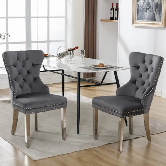 YJZQ 2 stuks hoge rug 4-poots stoel-Gray fluwelen eetkamerstoel-met-knoopsteek-massief houten frame-Gray-(Set van 2) Style 2