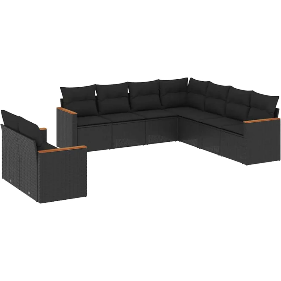 vidaXL 9-delige Loungeset met kussens poly rattan zwart, foto 3