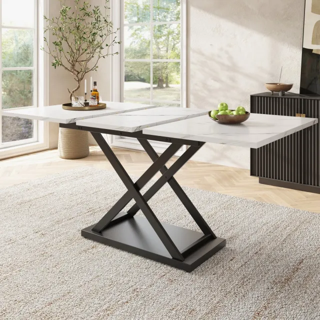DESMIU Eettafel - Uitschuifbaar Telescoopblad Voor 6 Tot 8 Personen - Voor Keuken En Woonkamer - Wit Marmerlook En Zwart Metaal - 120-160x80x75 cm