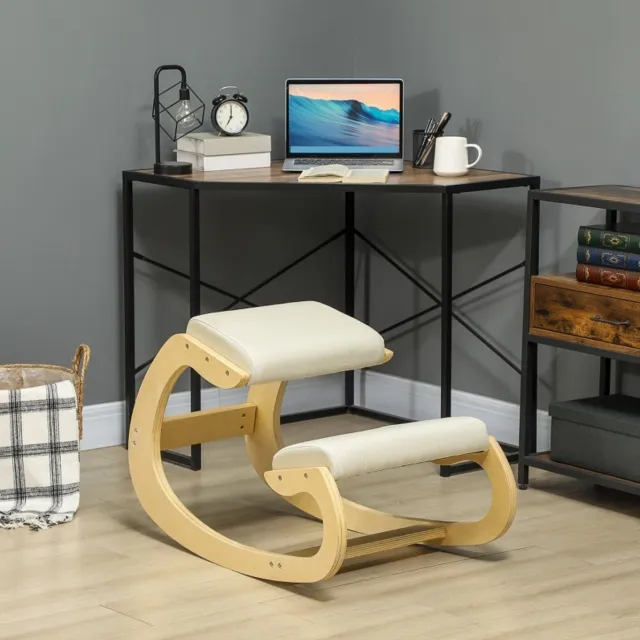 DESMIU Bureaukruk 55 x 85 x 55 cm - Ergonomische Kniestoel Met Schommelbasis Voor Houding - Voor Homeoffice En Meditatie - Hout - Crèmewit