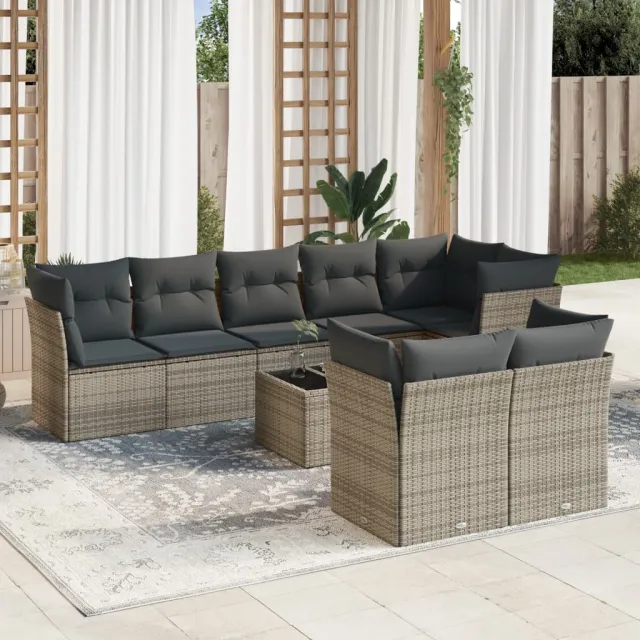 vidaXL 9-delige Loungeset met kussens poly rattan grijs