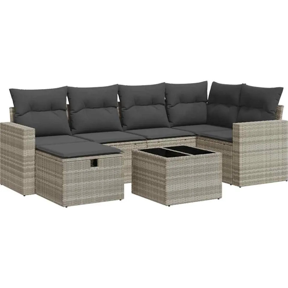 vidaXL 7-delige Loungeset met kussens poly rattan lichtgrijs grijs, foto 3