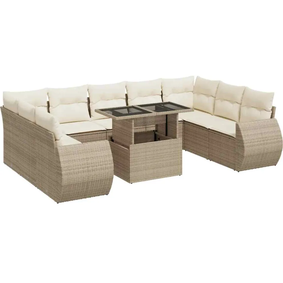 vidaXL 10-delige Loungeset met kussens poly rattan beige, foto 3