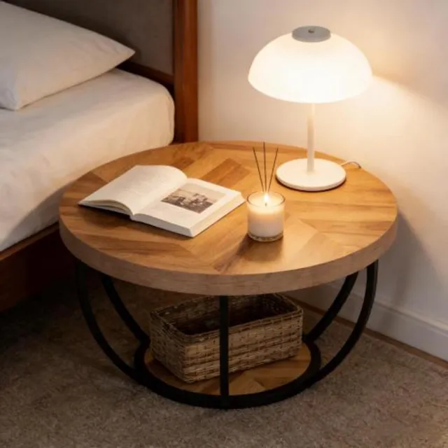 FloraGrace Salontafel - Ronde 2-Laags Tafel Met Houten Blad - Modern Voor Woonkamer En Ontvangstruimte - Metaal En Hout - 80,5x44 Cm Houtkleur
