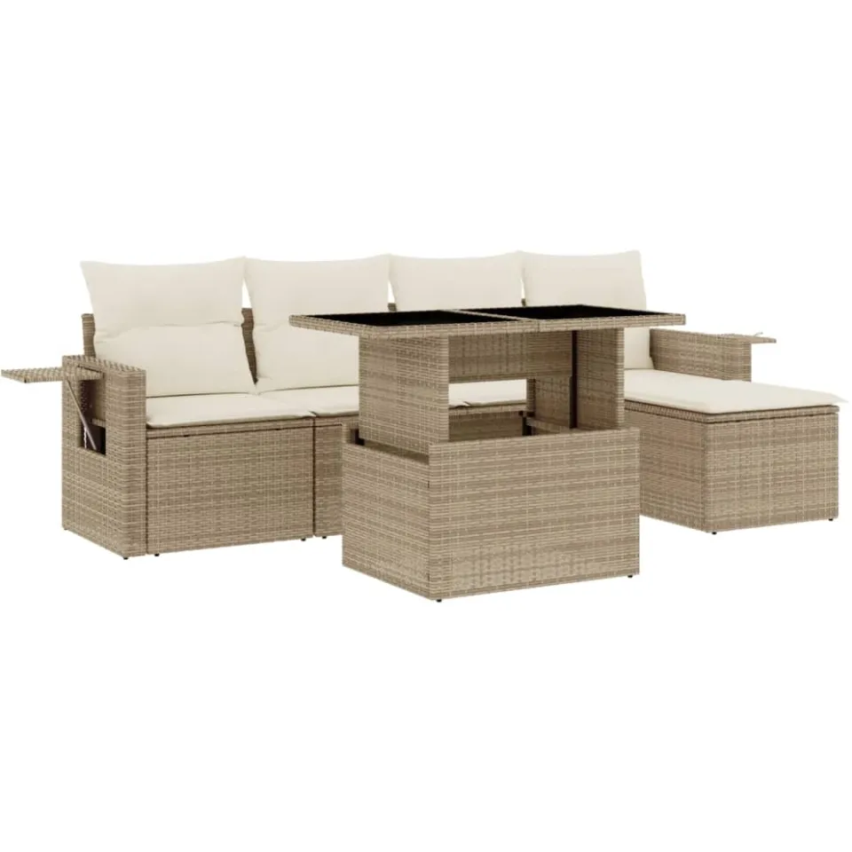 vidaXL 6-delige Loungeset met kussens poly rattan beige, foto 3