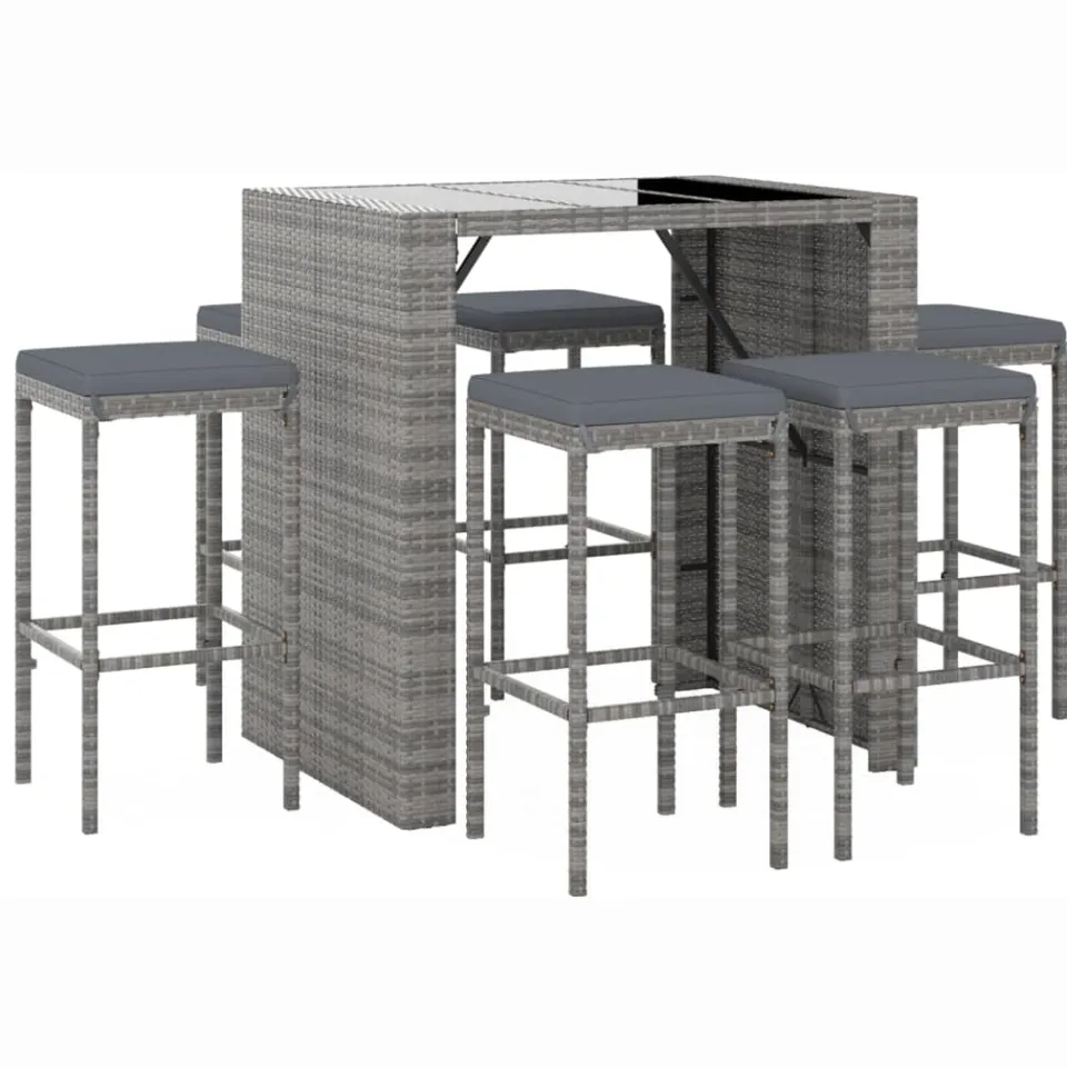 vidaXL 7-delige Tuinbarset met kussens poly rattan grijs