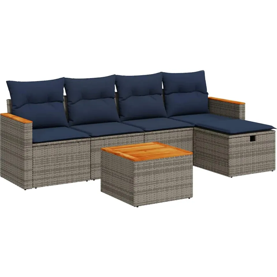 vidaXL 6-delige Loungeset met kussens poly rattan grijs, foto 3