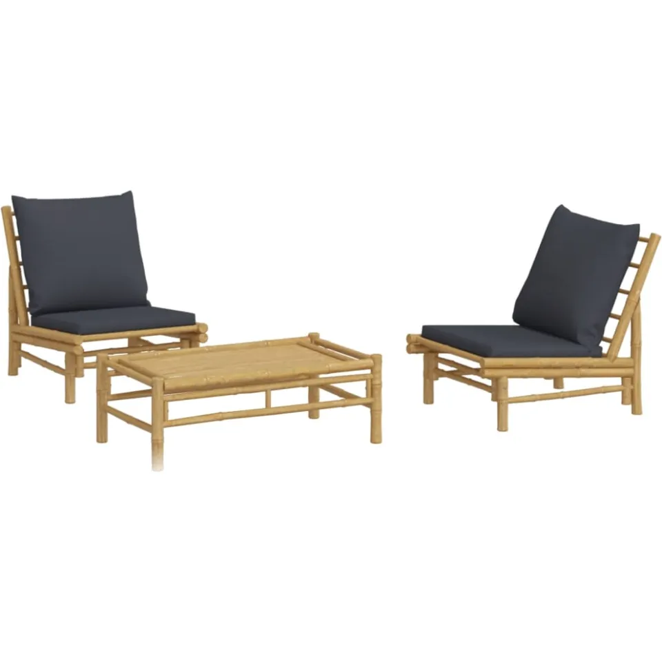 vidaXL 3-delige Loungeset met kussens bamboe donkergrijs Bruin