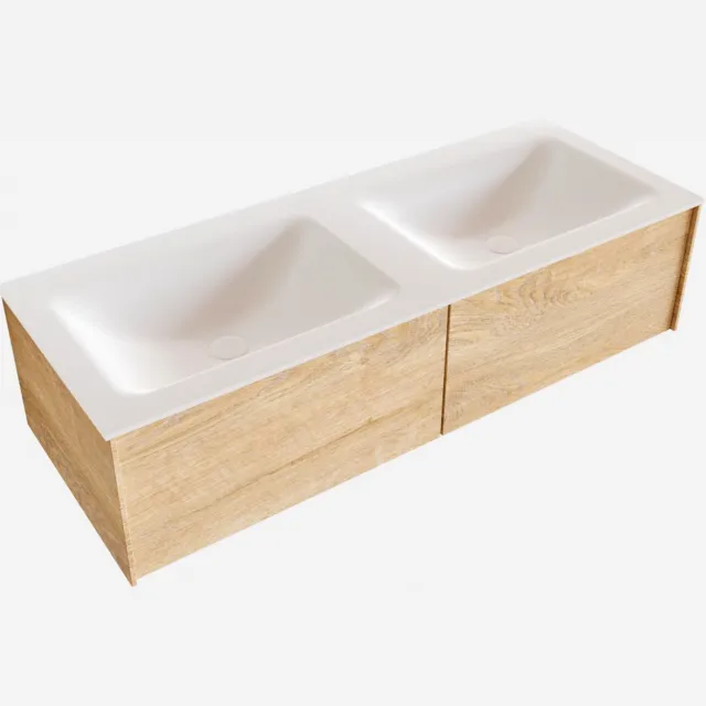 Boss & Wessing Badkamermeubel BWS Madrid Washed Oak 120x45x30 cm Mat Witte Solid Surface Wastafel Dubbel (2 lades, 0 kraangaten)