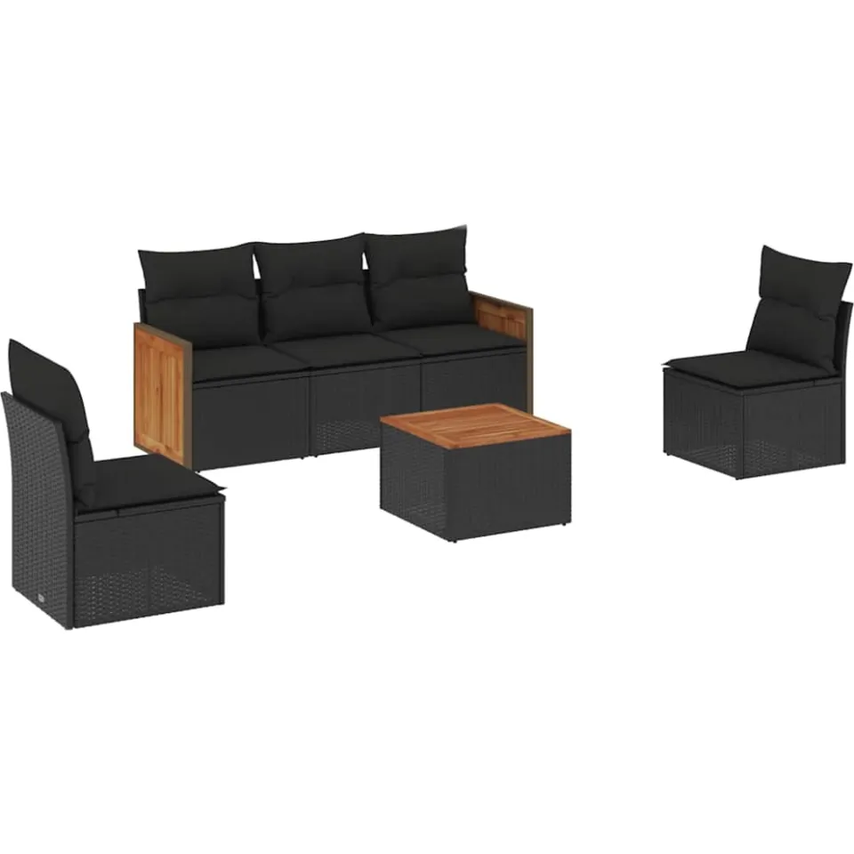 vidaXL 6-delige Loungeset met kussens poly rattan zwart, foto 3