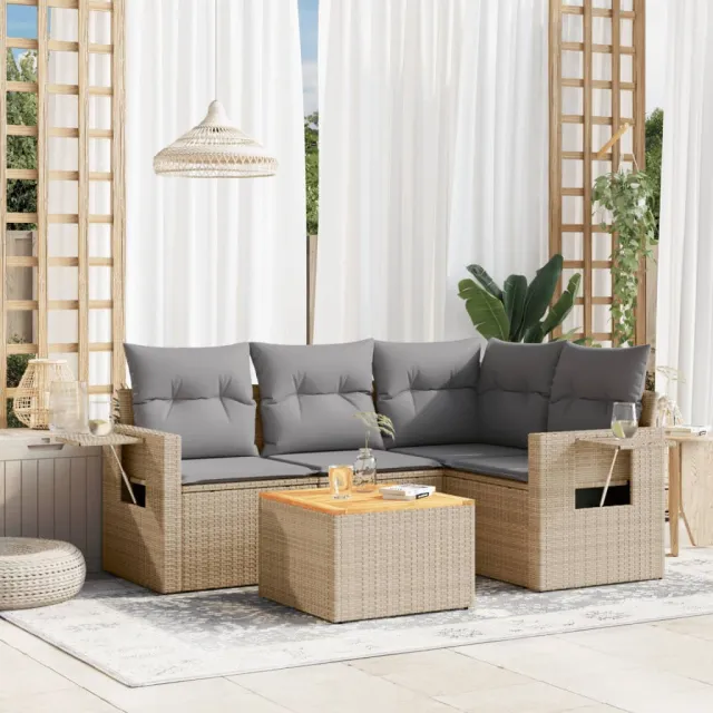 vidaXL 5-delige Loungeset met kussens poly rattan gemengd beige, foto 2