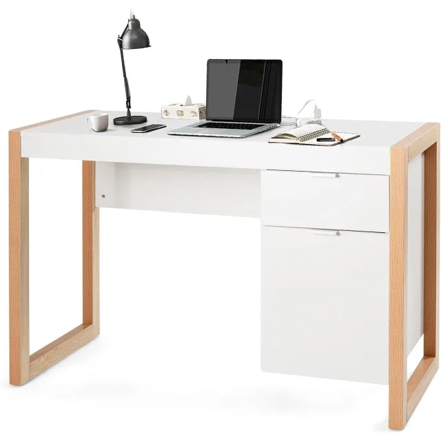 Costway Bureau met lade en kast, kleine computertafel van hout, kinderbureau, pc-tafel, kantoortafel voor kantoor, werkkamer, wit, 112 x 50 x 75 cm