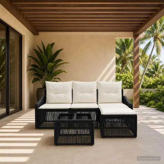 vidaXL Tuinbankenset 5 st Zwart poly rattan, foto 2